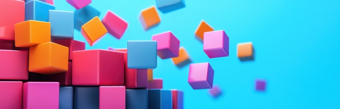 Colorful Building Blocks in Motion Over Bright Blue Background