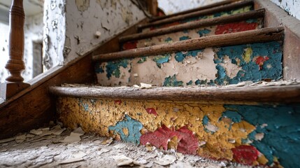 Abandoned stairs with peeling colorful paint