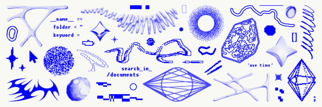 Graphic shape asset pack. Pixelated, bitmap, halftone and dithered abstract geometric elements, also basic forms. Vector isolated shape for sticker, web, cyber design