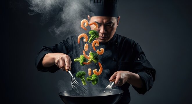 Asian chef expertly tosses shrimp and broccoli in a sizzling wok creating a culinary masterpiece full of flavor and nutrition