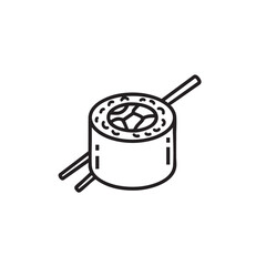 Sushi Roll Icon with Chopsticks, Simple Black and White Line Art. Japanese Maki Vector Illustration for Asian Food Restaurant Menu or Seafood Logo.