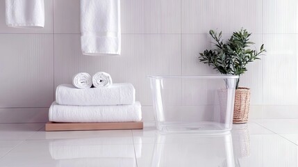 A clean and organized bathroom scene featuring neatly folded white towels, a clear plastic tub, and a small potted plant.