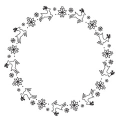 Christmas round frame made of silhouettes of reindeer in Scandinavian style, black outline