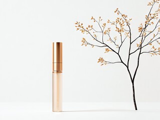 A golden-capped concealer tube stands on a white surface beside a dark, bare branch adorned with small, golden leaves.