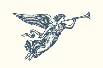 Flying angel with trumpet vintage engraving vector illustration © Victoria
