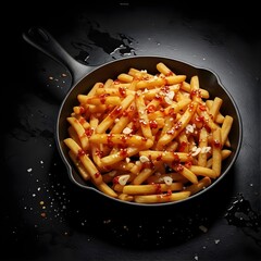 Spicy French Fries with Chili and Garlic in Cast Iron Pan – Hot Crispy Snack Food