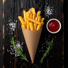 Crispy French Fries in Craft Paper Cone with Ketchup on Wooden Table – Fast Food Snack Concept