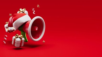 Merry Christmas looping video featuring megaphone with Santa hat surrounded by festive decorations and copy space on a red background in 3D animation - Powered by Adobe