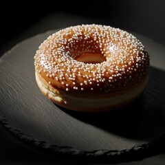 Caramel Glazed Donut with White Sprinkles on Dark Background – Delicious Sweet Dessert Food