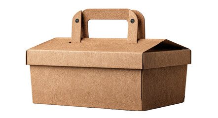 Brown, handle-topped cardboard box against a black background