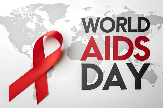World aids day awareness with red ribbon on a world map background design - Powered by Adobe