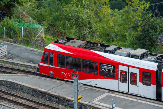 Finhaut, Switzerland-Aug 24, 2025
Mont-Blanc Express, the railway of the Arve and Trient valleys. The TMR train that serves the Martinie-Ch&acirc;telard line.