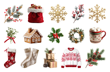 PNG Festive holiday decorations collection, element set on transparent background