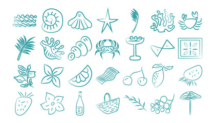 Collection of hand drawn doodle illustrations of summer beach and food elements
