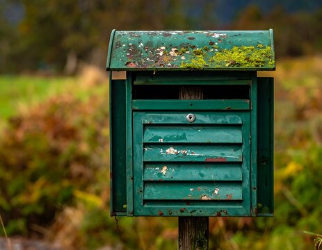 Weathered, green, metal mailbox on a wooden post outdoors