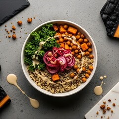 Healthy Vegan Buddha Bowl with Quinoa, Kale, Chickpeas, and Beet – Fresh Plant-Based Food Concept