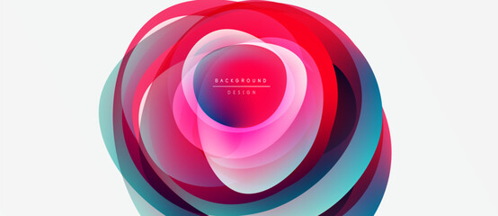 Abstract colorful layers forming circular design. Gradient shades create modern visual effect. Simple background enhances vibrant composition.
