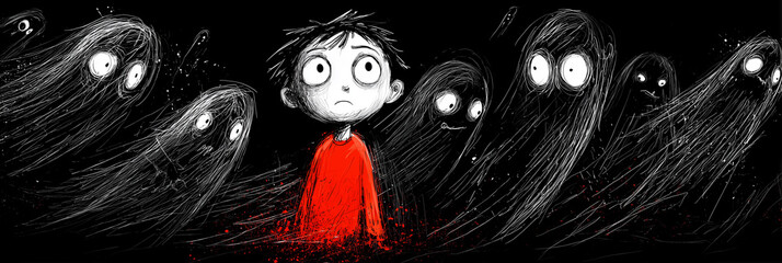 A haunting ink-doodle illustration depicting a terrified child in red surrounded by eerie black dark ghost figures, symbolizing childhood fears emerging from darkness. Generative Ai.