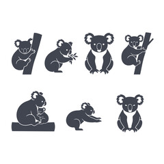 Adorable koala bear family silhouettes in various natural poses, including mother and baby, perfect for Australian wildlife and animal themes. © Zhangxiao