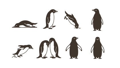 Cute penguin bird silhouettes in various playful poses, including sliding, swimming, and standing, ideal for arctic wildlife and fun animal concepts.