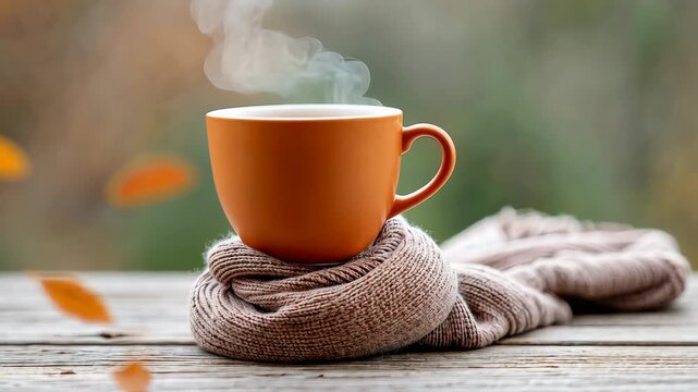 Cozy autumn morning: steaming coffee cup with falling leaves on a wooden table