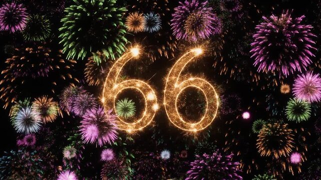 Number 66 surrounded by fireworks. Festive video for birthday or anniversary party