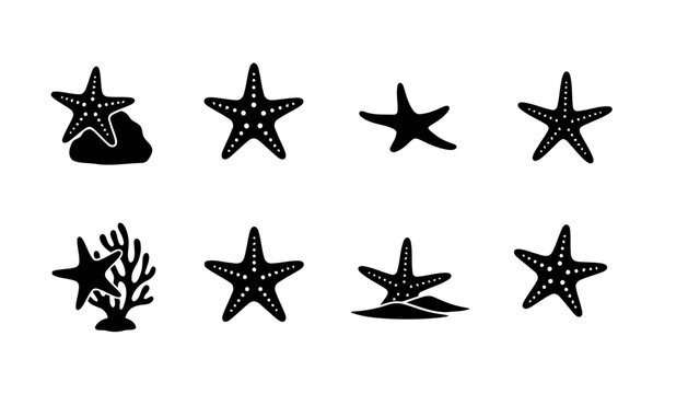 Starfish Sea Star Vector Silhouettes: Monochrome Icons of Marine Echinoderms in Various Underwater Poses and Settings