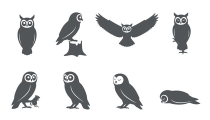 Obraz premium Owl Bird Vector Silhouettes Set: Monochrome Icons of Nocturnal Raptors Perching, Flying, and Hunting in Various Poses