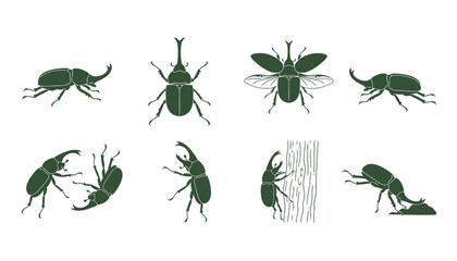 Rhinoceros Beetle Insect Vector Silhouettes: Set of Green Icons in Various Poses Including Flying, Fighting, and Climbing Tree Bark © Zhangxiao
