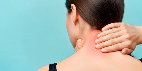 Woman massage her painful neck due to muscle tension or injury, providing relief for discomfort and stress. Concept of self care and wellness. Copy space background