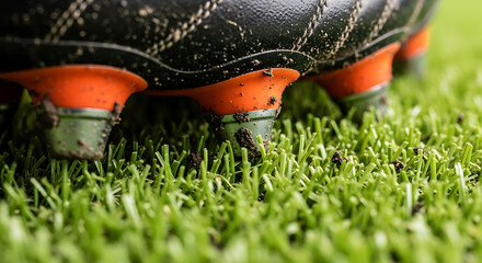 Close-up of a soccer cleat's studs digging into artificial turf, ready for action