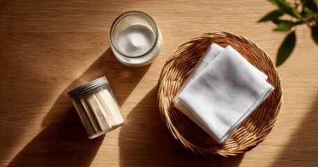 Fototapeta premium Minimalist arrangement of white cotton cloth in wicker basket with glass jars containing white powder and sticks on wooden surface