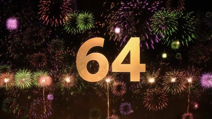 Number 64 surrounded by fireworks. Festive video for birthday or anniversary party