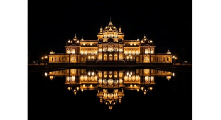 Grand illuminated palace reflected in calm water at night