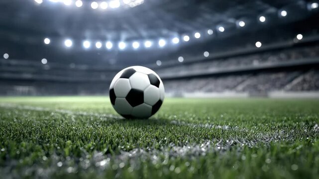 Exciting moment in soccer match with a soccer ball on the field under bright stadium lights at night - Powered by Adobe