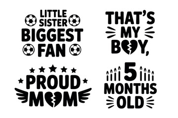 A collection of four distinct graphic design elements, each featuring unique typography and illustrative icons that convey themes of family, sports fandom, and celebrating milestones.