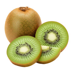 A whole kiwi fruit and several slices of kiwi fruit on a white background.