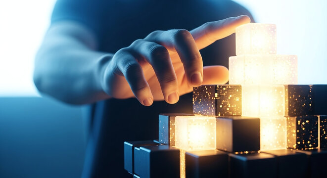 Hand touching glowing cubes representing technology and innovation