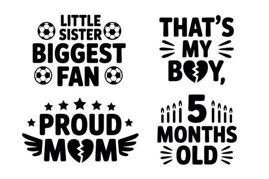 A collection of four distinct graphic design elements, each featuring unique typography and illustrative icons that convey themes of family, sports fandom, and celebrating milestones.