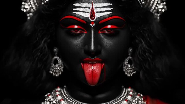 Magnificent Portrait of Hindu Goddess Kali with Red Accents and Silver Jewelry on Dark Background
