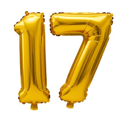 Golden number 17 foil balloons for a birthday or anniversary celebration isolated on a white background.