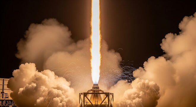 Dramatic liftoff of a space exploration vehicle at night, its powerful engines creating a fiery plume and clouds of smoke