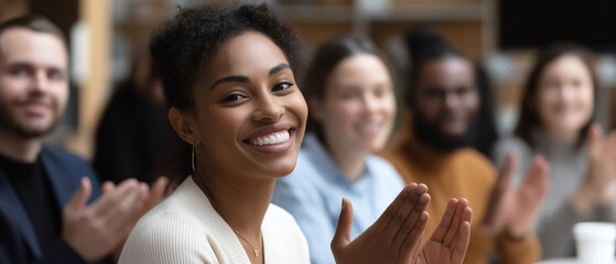 Diverse colleagues clapping and smiling during business meeting