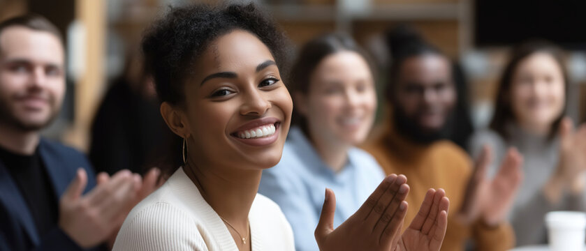 Diverse colleagues clapping and smiling during business meeting