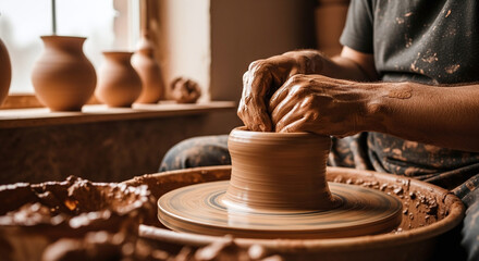 Hands shaping clay on a pottery wheel in a sunlit studio