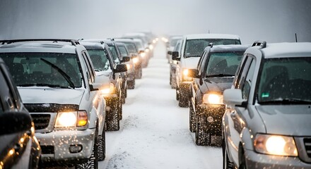 Cars stuck in heavy snow traffic jam on a winter day