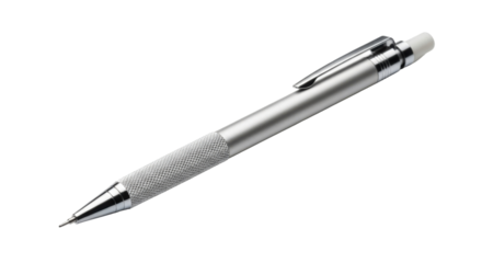 A close-up shot of a silver mechanical pencil with a white eraser and a textured grip.