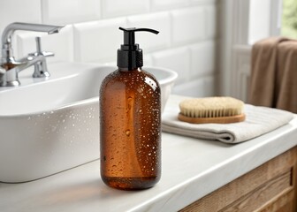 Amber pump bottle mockup on white sink with glistening water droplets.