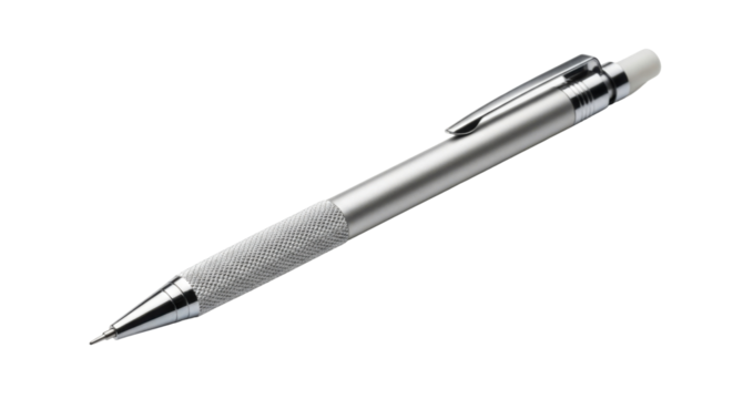 A close-up shot of a silver mechanical pencil with a white eraser and a textured grip.