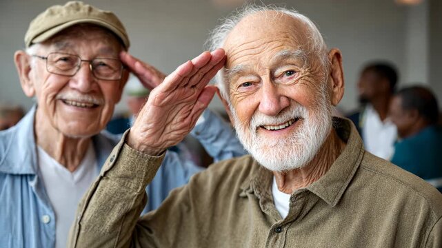 Elderly friends sharing a joyful moment with salute and smile at social gathering